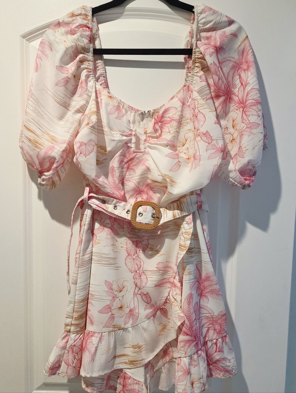 Floral Puff-Sleeve Mini Romper Dress with Belt - White & Pink